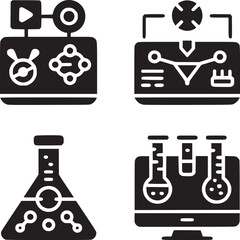 Four science icons showing lab equipment and data analysis in black and white graphic design style