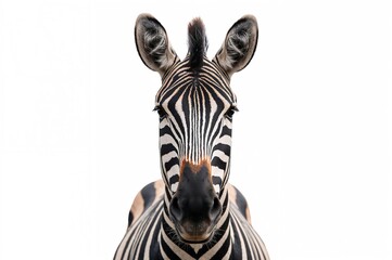 Striped equine standing against a plain white backdrop