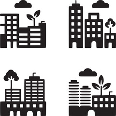 Four black and white icons depicting city buildings with trees and plants on a white background