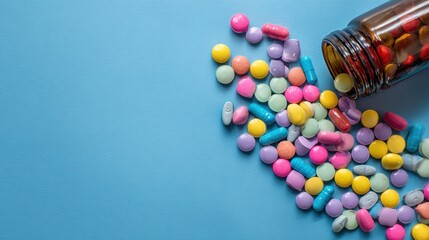 Colorful assortment of pills spilled from a brown bottle on blue