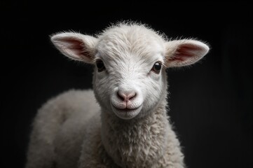 Naklejka premium Isolated white lamb against dark backdrop with room for text.