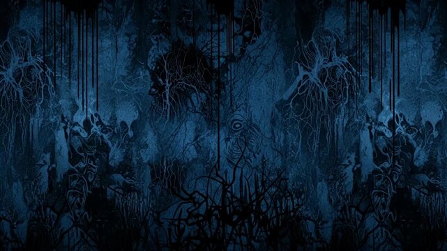 Creepy Grunge Blue Horror Background - A dark and moody abstract video with a grunge texture, featuring dripping black ink and organic shapes against a blue background.