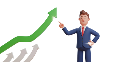 3d icon of 3d cartoon businessman pointing at green arrow isolated on transparent background, representing business growth