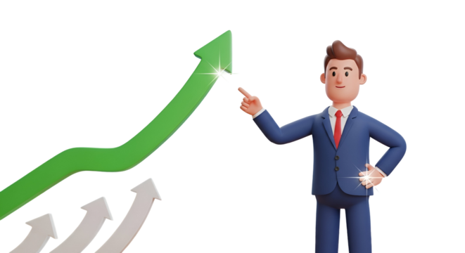 3d icon of 3d cartoon businessman pointing at green arrow isolated on transparent background, representing business growth