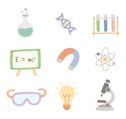 Cute science doodle hand drawn vector isolated collection set. Illustration clip art of chemistry and biology tool experiment for icon, asset, design, study, scientist