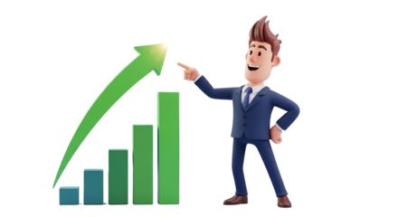 3d icon of cartoon businessman in suit pointing to a bar graph with an arrow isolated on transparent background