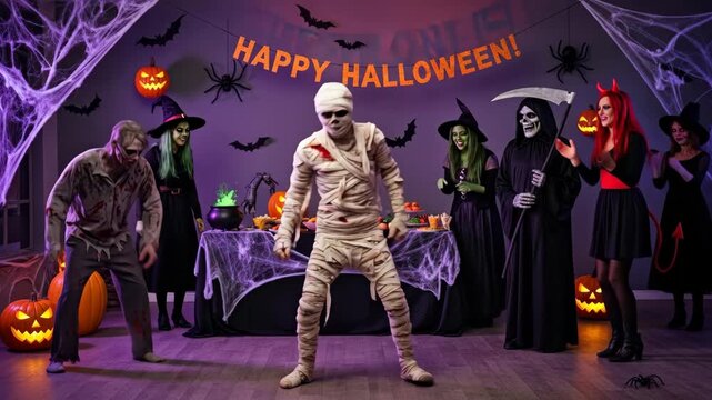 Halloween Costume Party: Mummy Dancing - A group of costumed people, including a mummy, zombie, witches, and a grim reaper, are gathered at a Halloween party.