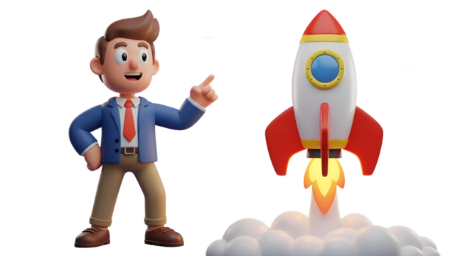 3d icon of cartoon man pointing at a rocket launching, isolated on transparent background concept of business startup