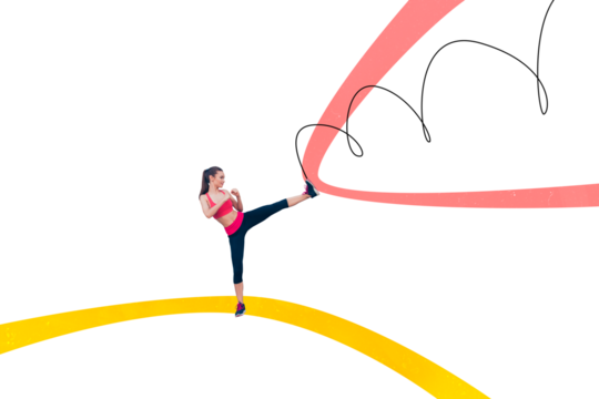 Creative collage picture young sporty woman kick martial arts training coach exercise bodycare leg strike drawing background