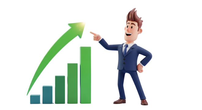 3d icon of cartoon businessman in suit pointing to a bar graph with an arrow isolated on transparent background