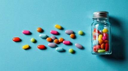 Colorful Jelly Beans Spilling Out of a Glass Jar on Bright Blue