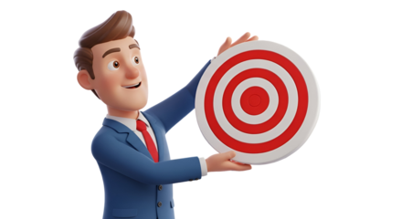 3d icon of businessman holding a target with a red bullseye isolated on transparent background