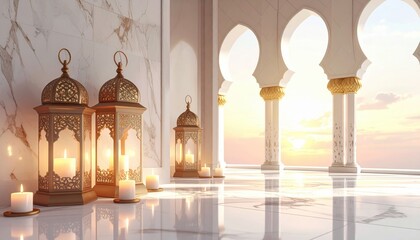 Fototapeta premium Elegant interior with ornate lanterns and candles, sunset illuminating a marble palace background