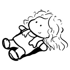 Cartoon girl lying on ground after exercise outline illustration