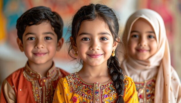 Three smiling children dressed in traditional attire, posing joyfully in a vibrant cultural setting