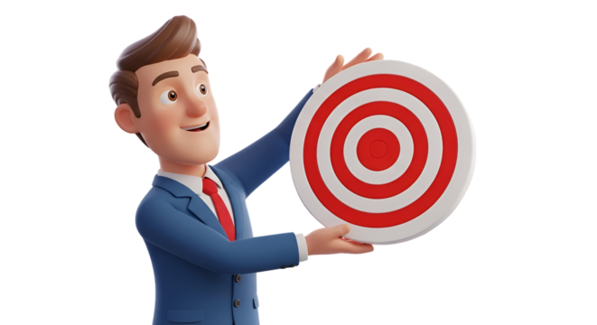 3d icon of businessman holding a target with a red bullseye isolated on transparent background