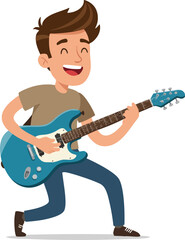Cheerful Cartoon Style Young Man Playing Electric Guitar Illustration