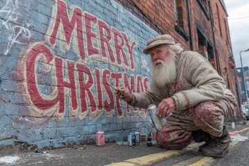 Elderly man creating merry christmas graffiti on a brick wall, bringing holiday cheer to an urban street