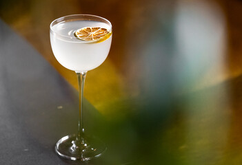 Elegant clear cocktail in stemmed glass with dried citrus garnish, set against blurred green-gold background. Ideal for mixology, bar, and lifestyle themes.