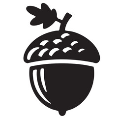Simple black acorn icon with oak leaf and stem illustration