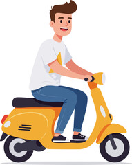 Cartoon Smiling Man Riding Retro Yellow Motor Scooter Illustration