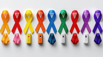 Colorful Ribbons and Hand Sanitizer Bottles Arranged in a Row on