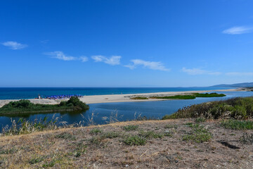 The mouth of the Coghinas river, Sardinia, municipality of Valledoria, in the Gulf of Asinara. Protected area, natural habitats of animals, birds, fish and plant species. Sardegna, Italy