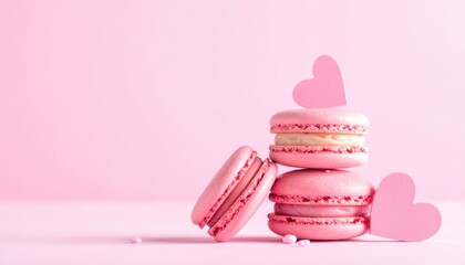 A delightful arrangement of pink macarons with heart decorations on a soft pink background for Valentine's Day
