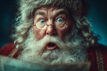Santa claus with glasses and a white beard expressing surprise while reading