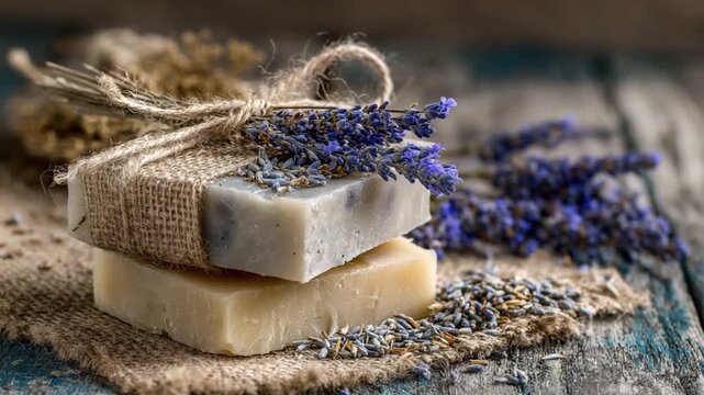 Lavender-Infused Soap: Two handmade soaps are delicately stacked, adorned with fragrant lavender sprigs and rustic twine, embodying the essence of natural purity.