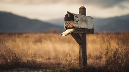 A weathered rural mailbox by a quiet roadside