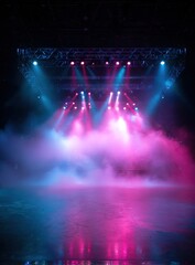 A captivating stage is illuminated with vibrant pink and blue lights, creating an atmospheric haze.