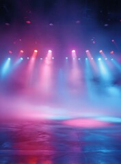 A stage is illuminated with vibrant pink and blue lights, creating a dreamy and atmospheric scene.