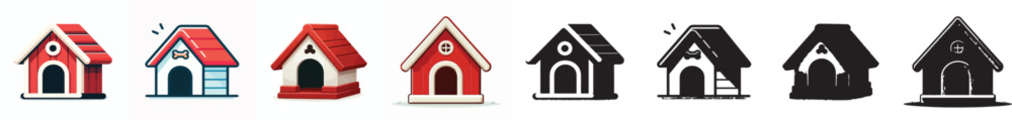 Set of vector and shilhouttes simple dog house images on white background