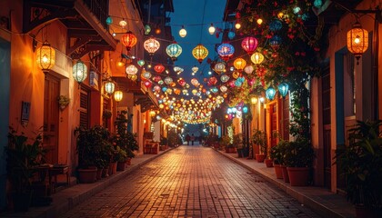 Fototapeta premium Vibrant street adorned with colorful lanterns at dusk, showcasing lively atmosphere and charming architecture