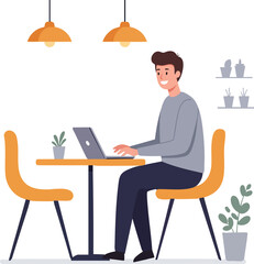 Modern Flat Style Young Man Working Remotely on Laptop Illustration