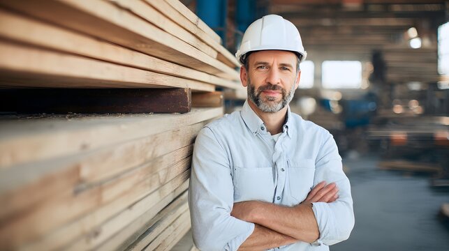 A confident male architect in his 40s standing by wooden planks