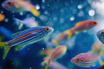 Colorful tropical fish swimming in clear blue water with vibrant hues and movement