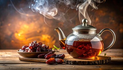 A steaming glass teapot filled with aromatic tea beside a wooden plate of fresh dates, set against a warm, blurred background