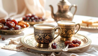 Fototapeta premium Elegant tea setup with ornate cups and dates on a tray, soft sunlight illuminating a cozy atmosphere