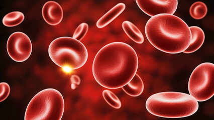 A microscopic view of red blood cells flowing within a blood vessel on a dark red background 