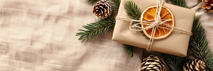 Top view of sustainable Christmas gift wrapping using kraft paper, twine, and natural elements such as dried orange, pine cones, and evergreen branches.  holiday lifestyle imagery