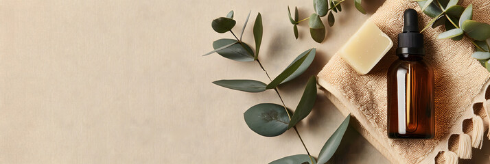 Flat lay with copy space featuring natural skincare essentials — glass dropper bottle, handmade soap, and soft cotton towel. Eucalyptus leaves arranged on a beige linen background