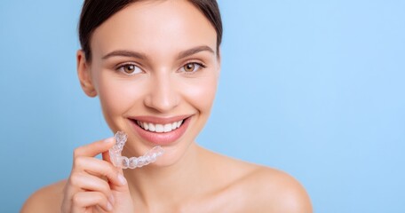 Beautiful woman smiling happily while holding a clear aligner against a soft blue backdrop indoors