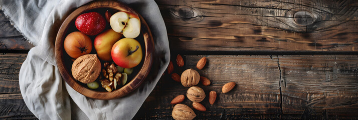 Flat lay composition with copy space featuring a wooden bowl filled with fresh seasonal fruits and assorted nuts on a rustic kitchen table. Perfect for healthy lifestyle, organic food, and banner.