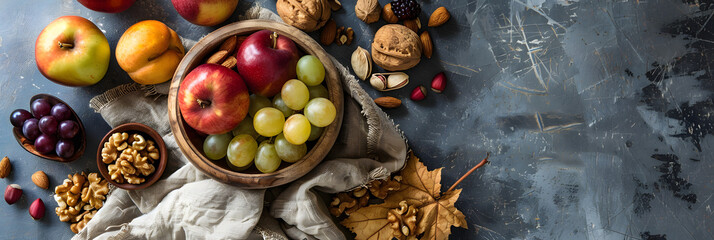 Clean Scandinavian-style flat lay with fresh fruits and nuts in a wooden bowl, neutral linen napkin. Minimal composition,  calm lifestyle, health, and simplicity, perfect for social media or wellness