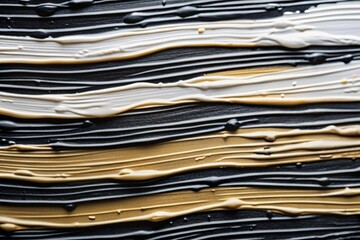 Elegant black, white, and gold paint strokes forming a textured abstract pattern. Artistic contemporary background with luxury design and metallic tones