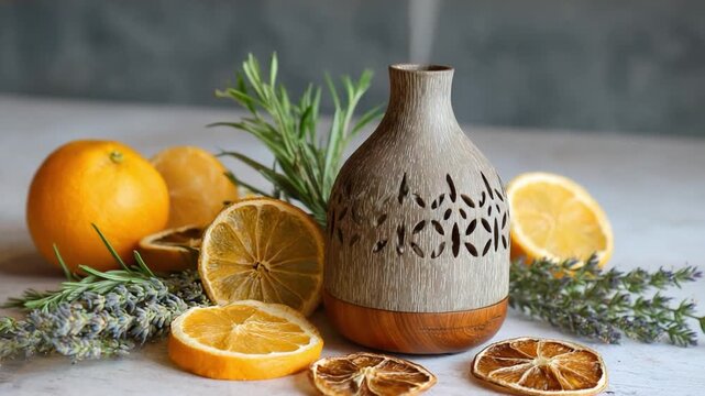 Aromatic Harmony: A beautifully crafted aroma diffuser, surrounded by fresh citrus, aromatic herbs, creating a scene of wellness and tranquility.