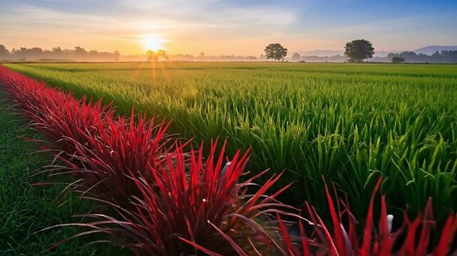 Experience the breathtaking beauty of a lush green agricultural field at sunrise or sunset. Golden light bathes the landscape, highlighting a striking pathway of vibrant red foliage that contrasts bea