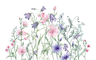 Watercolor illustration, floral composition in light tones. Botanical summer illustration Marshmallow flowers and herbs in pastel color. Hand painted drawing chicory and bluebell and Mouse Pea Flowers